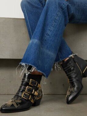 Chloe Susanna 30MM Booties Gold Tone Studded Black Leather Size EUR 38